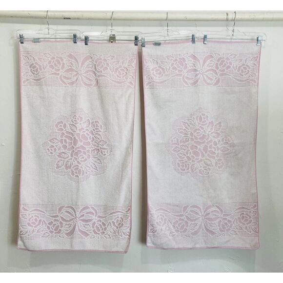 Set 2 Vintage Fieldcrest Bath Towels Pink Flowers Howard Kaplan's French Country - Picture 3 of 16